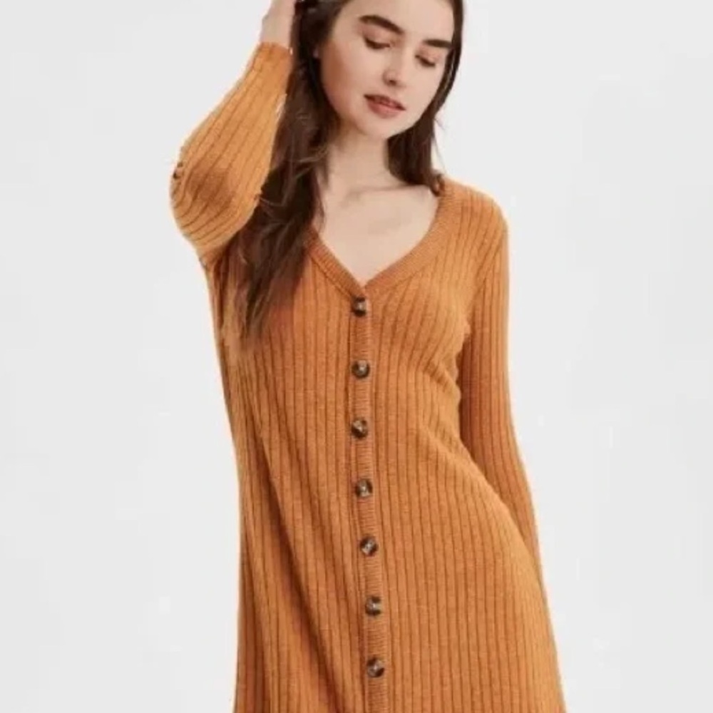 American Eagle Women XS Petite Brown Full Button Front Ribbed Long Sleeve Dress